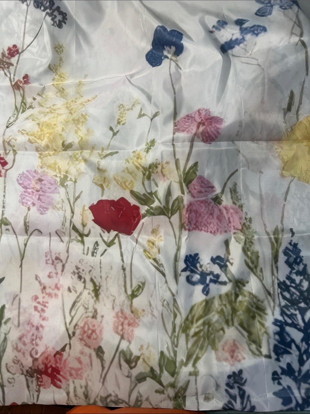 Floral Meadow Print Satin backdrop in White with Multi-Colored Blooms